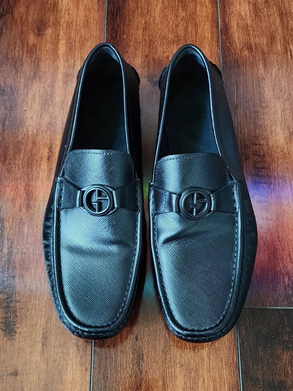 Giorgio Armani Black Leather Logo Driver Loafers Men's Size 8